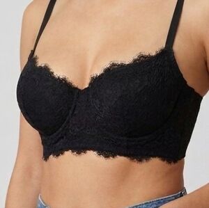 Aerie Real Power Balconette Lightly Lined Bra, Black Lace, Size 34DD